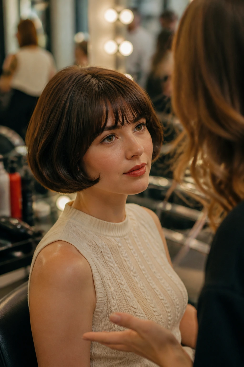 Portrait of a client in a salon discussing a retro haircut