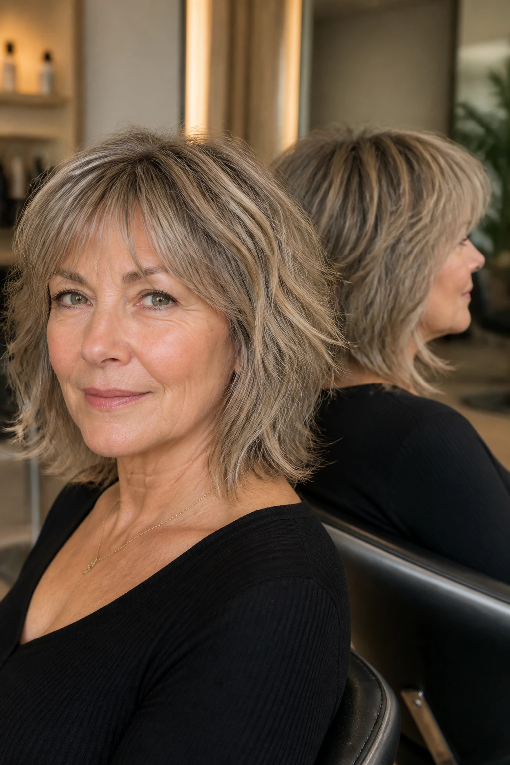 Real woman in salon chair showing front and profile of a modern shag hairstyle
