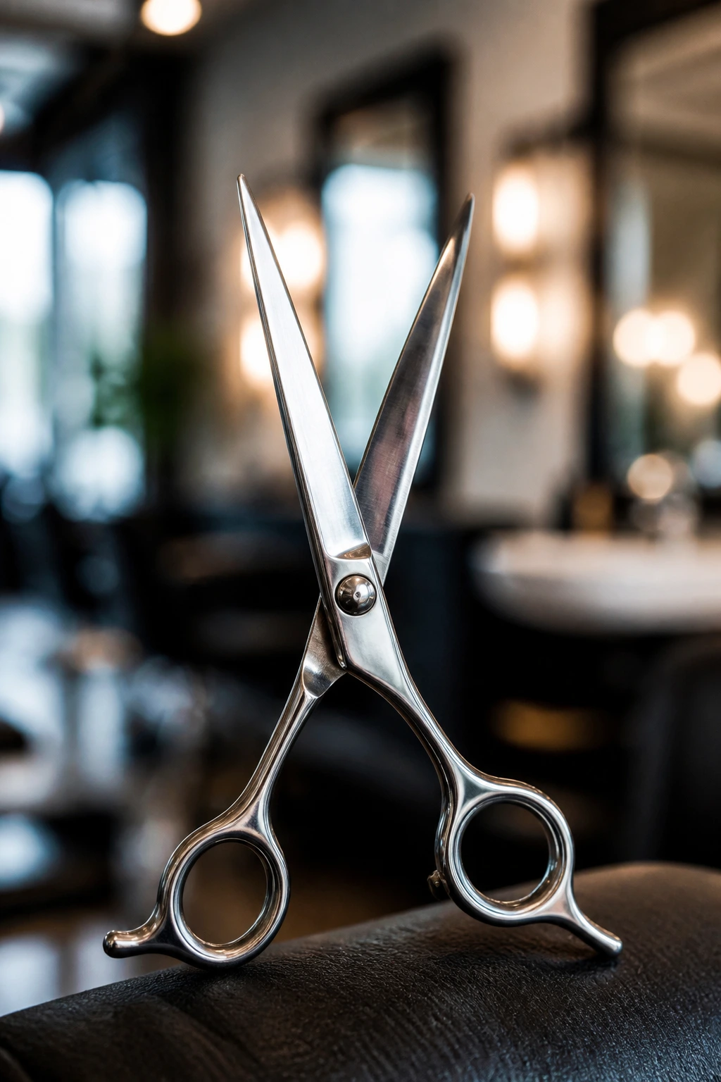 Close-up of professional salon shears with sharp blades in focus