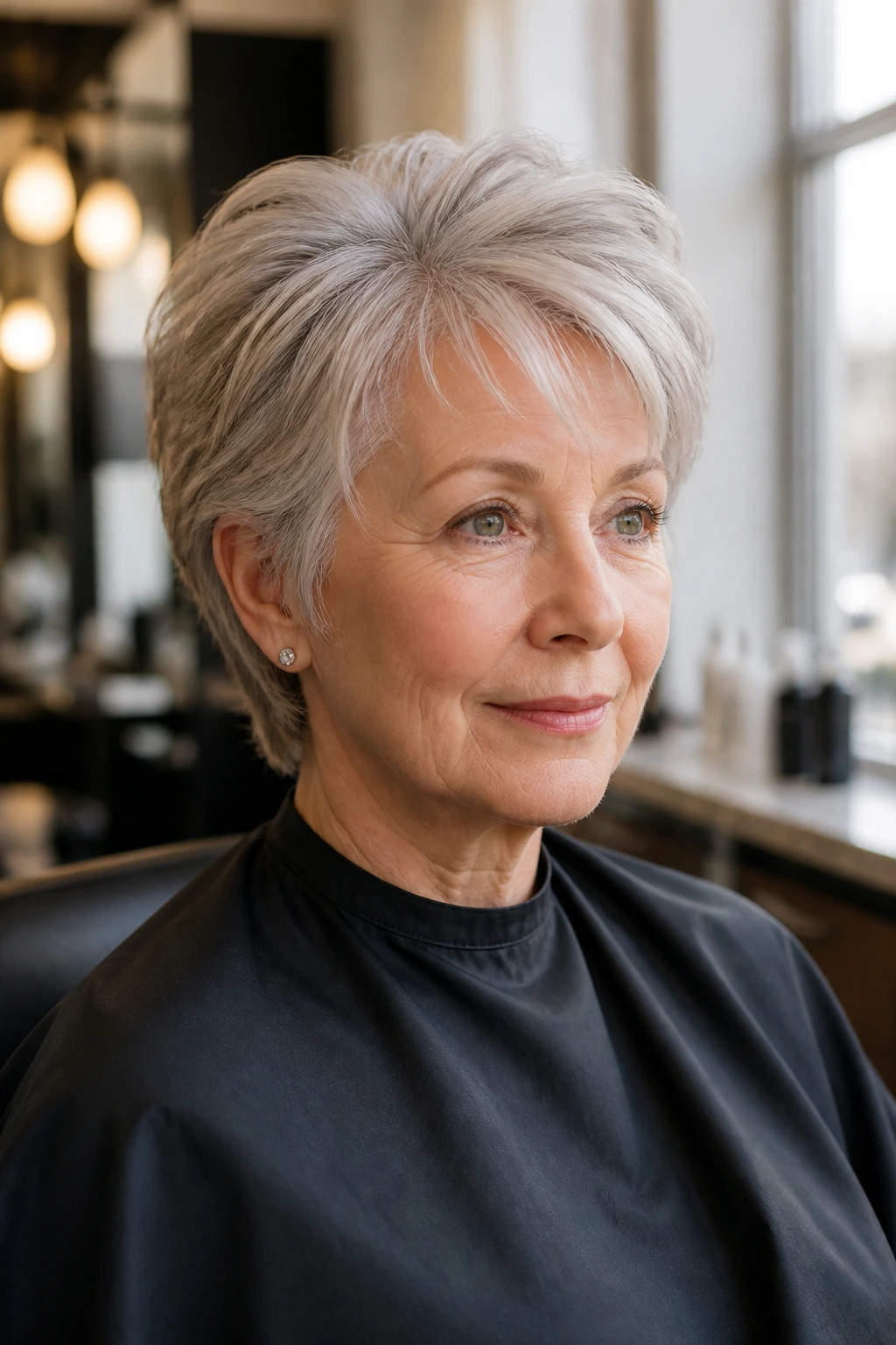 Real woman in salon chair with well-shaped short hairstyle
