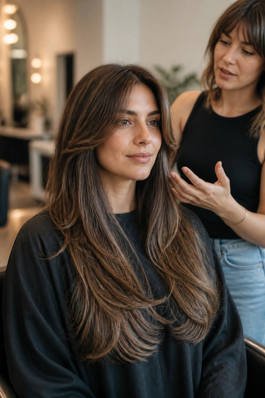 Client in a salon chair discussing short layers on long hair with a stylist nearby.