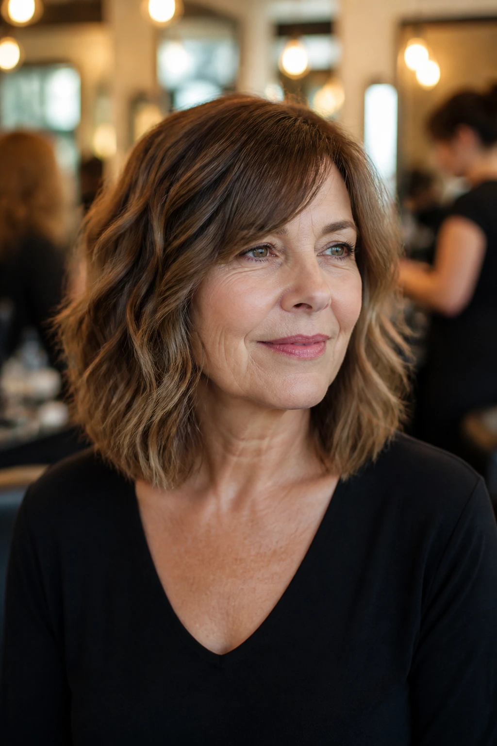 Close-up of a real woman with a shoulder-length collarbone cut and weighted ends in a salon.