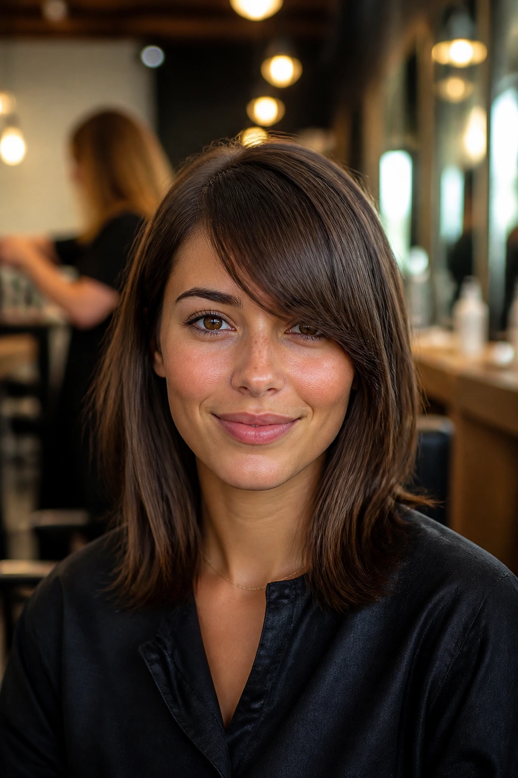 Portrait of a person in a salon chair with side bangs.