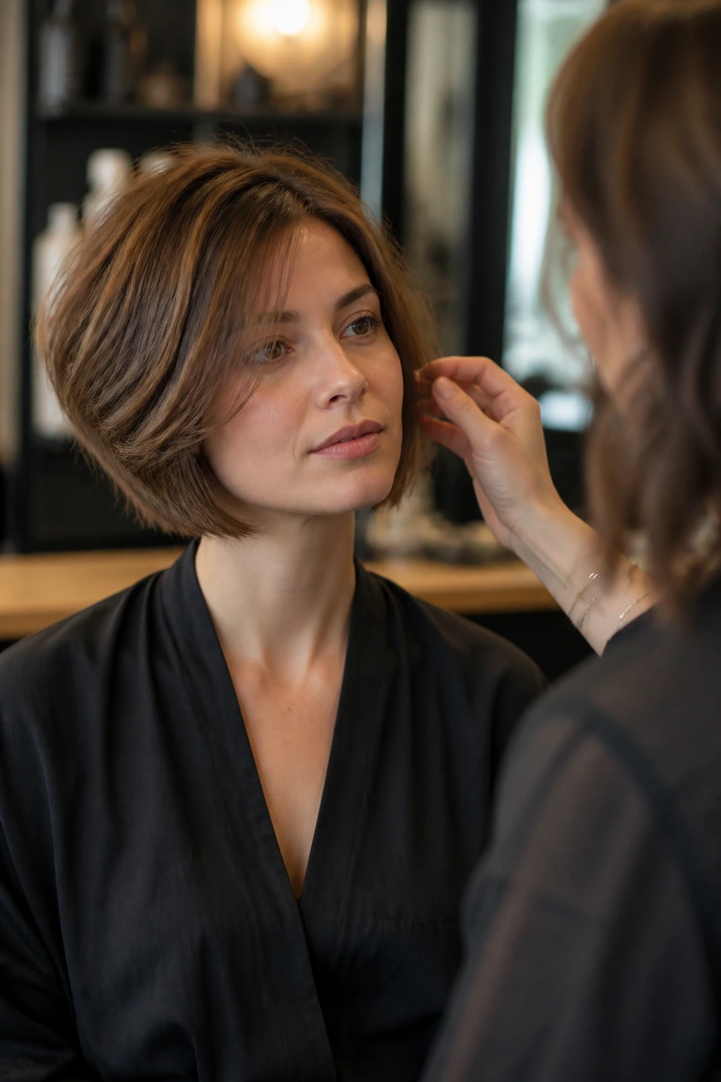 Client and stylist in salon consultation about layered bob