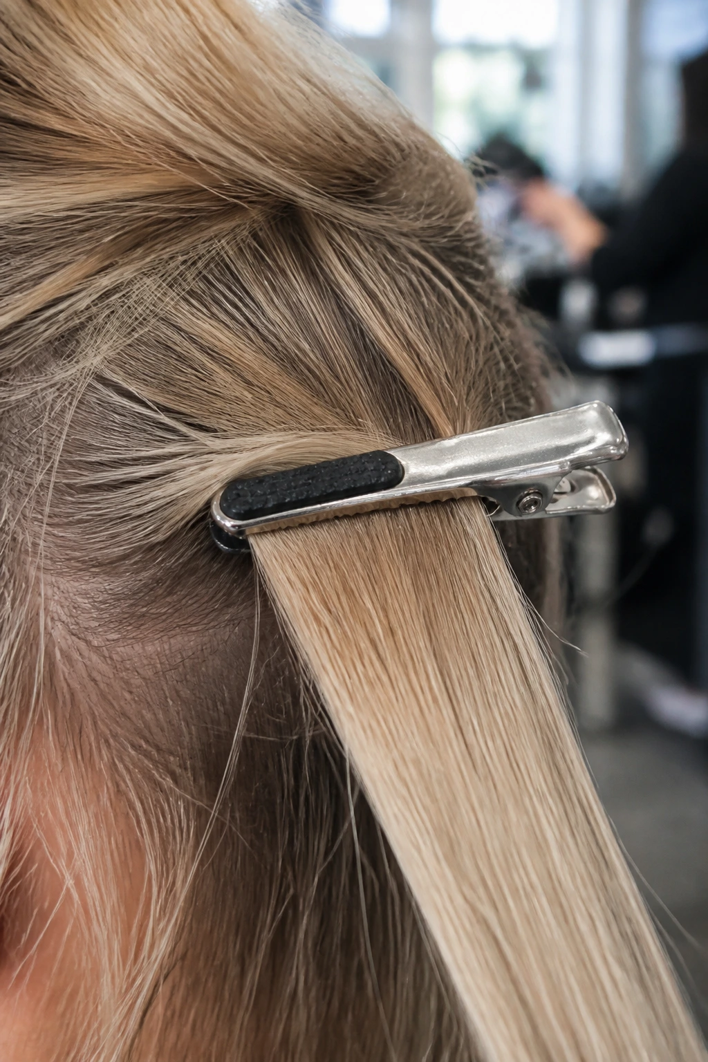 Close-up of a sectioning clip in a salon setting