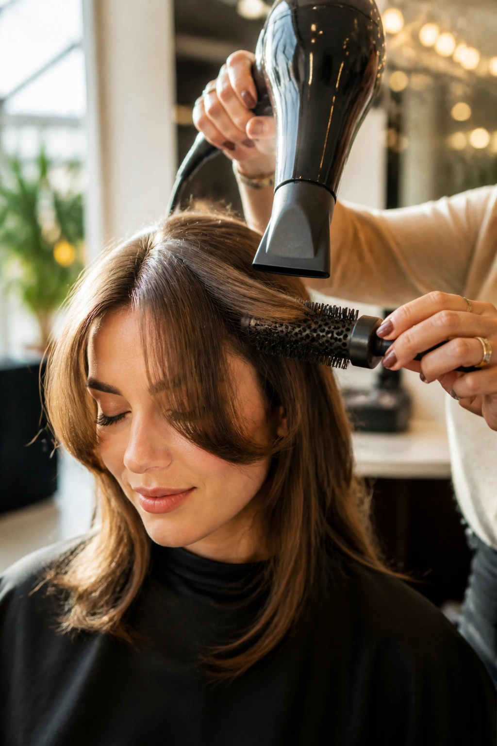 Stylist using a blow-dryer on a client's fringe in a bright salon