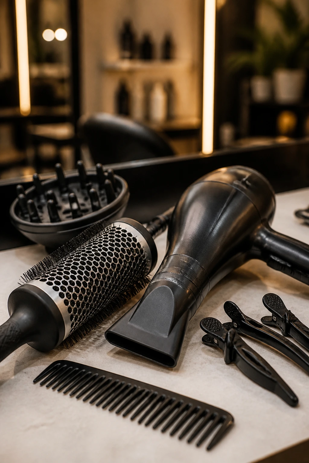 Close-up of salon tools: brushes, dryer, clips on a clean surface