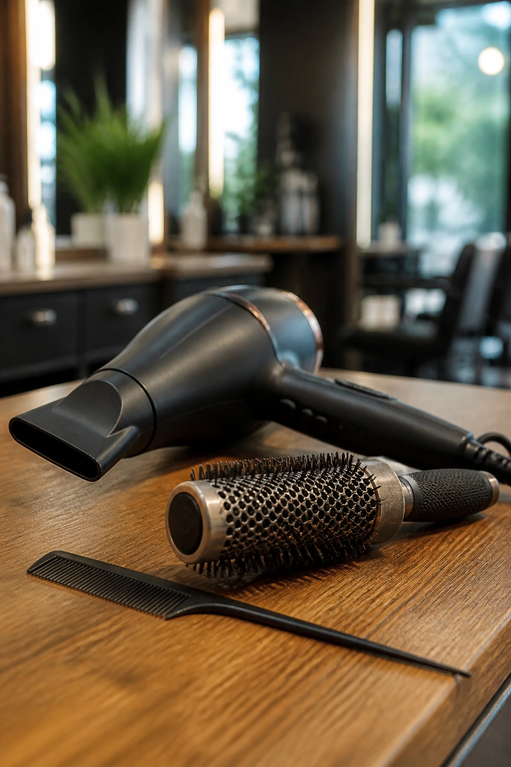 Close-up of professional blow dryer, round brush, and tail comb on a salon counter