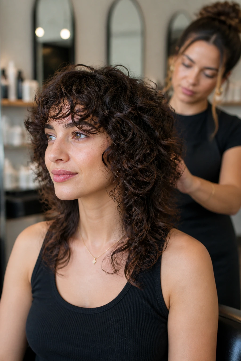 Close-up of real person with medium wolf cut in a salon setting.