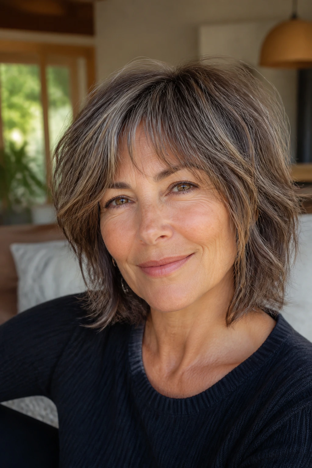 Close-up of a real woman with salt-and-pepper brown balayage shag in warm window light.
