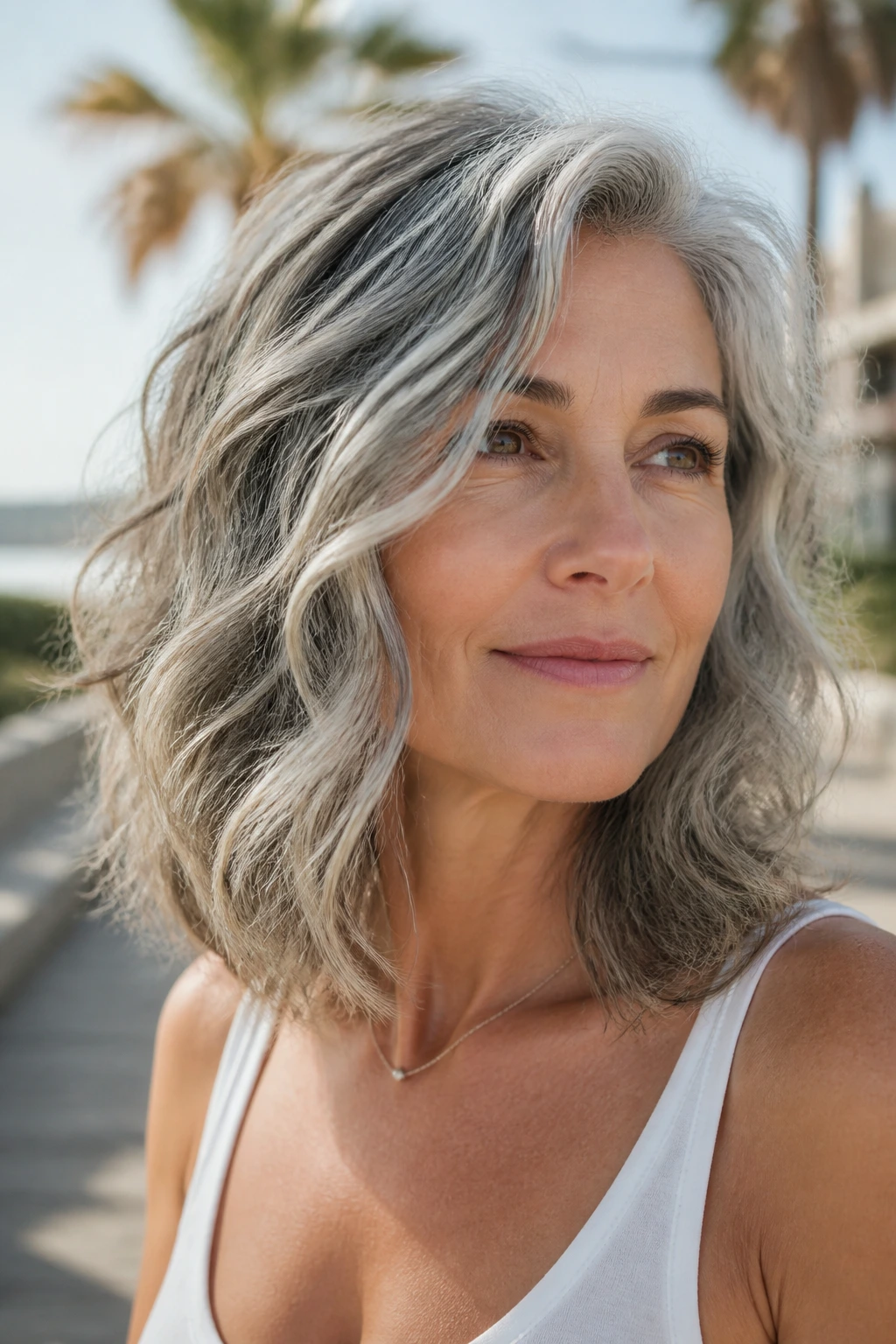 Close-up of a real woman with salt-and-pepper beach waves outdoors