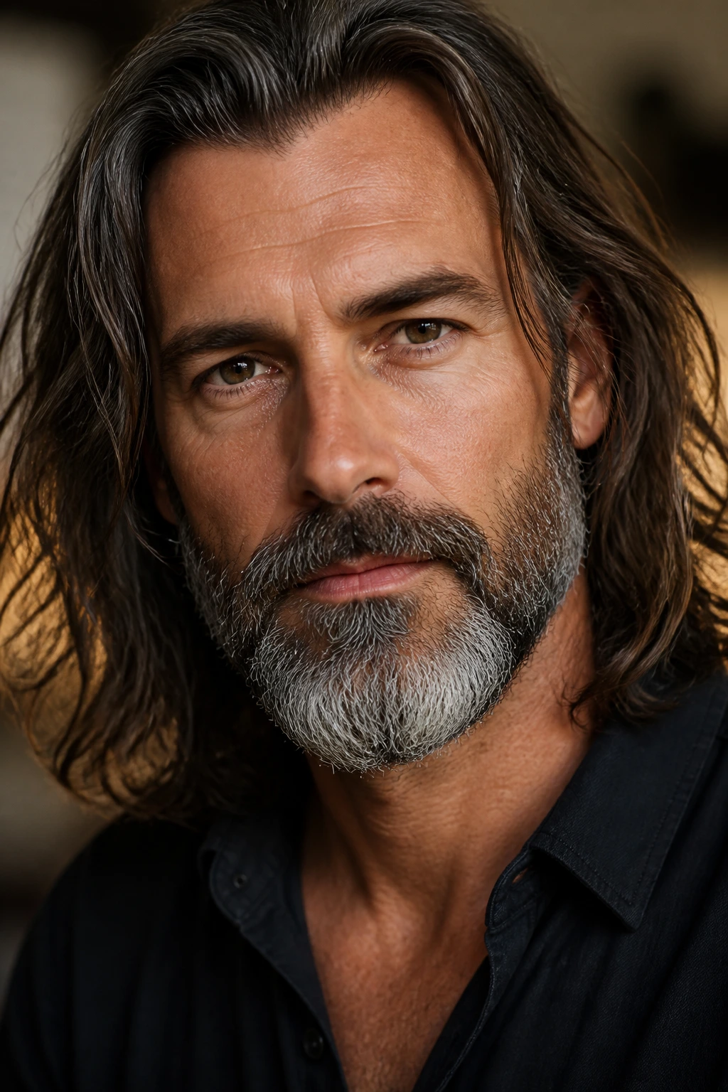 Portrait of a man with a salt-and-pepper beard and long hair