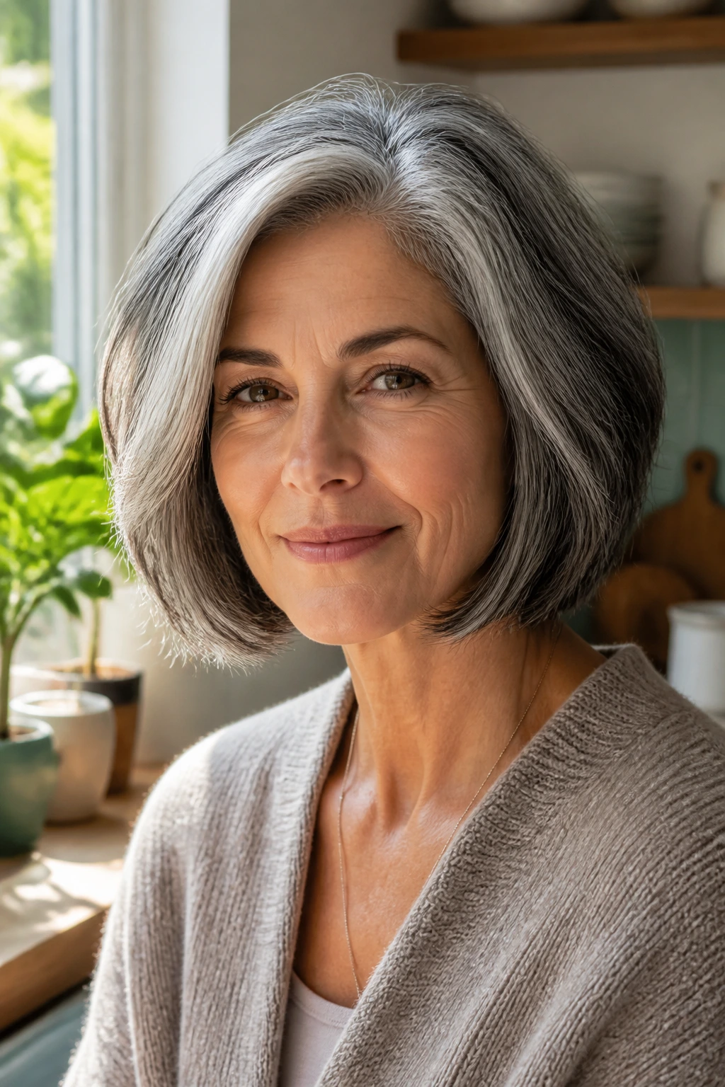 Close-up of a real person with salt-and-pepper bob showing mixed tones