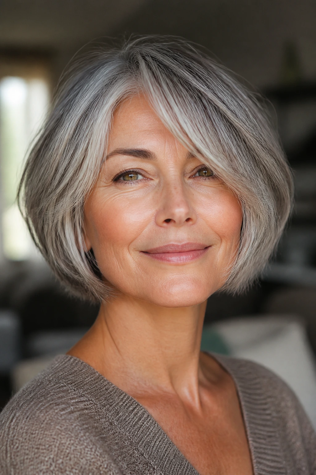 Close-up portrait of a real woman with a salt-and-pepper bob and soft face-framing layers
