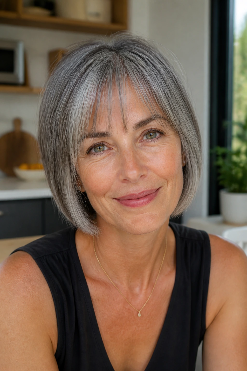 Close-up portrait of a real woman with salt-and-pepper bob and sparse fringe in warm daylight