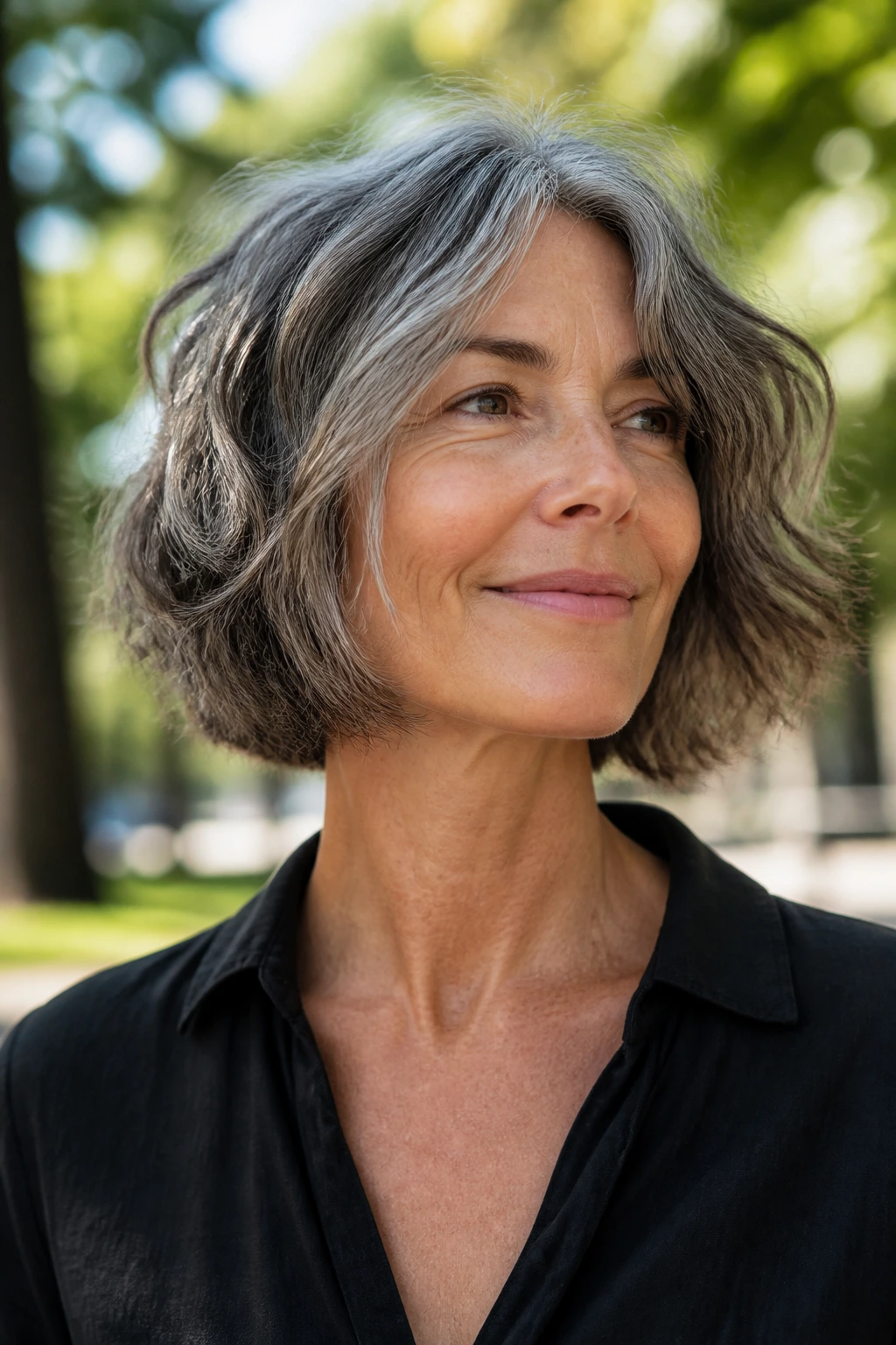 Close-up of a real person with a salt-and-pepper bob and textured layers in natural light