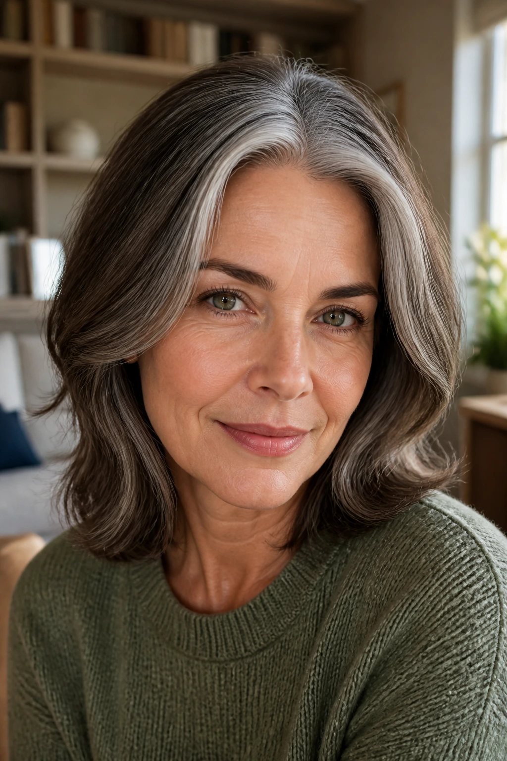 Close-up of a salt-and-pepper hairstyle with brighteners at the part.