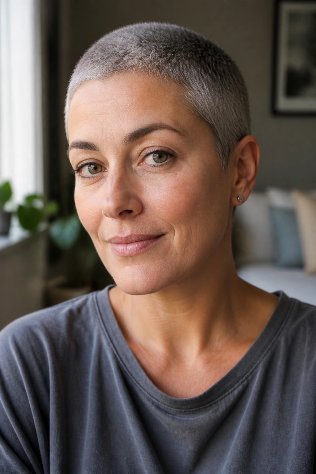 Close-up portrait of a person with a salt-and-pepper buzz cut in natural daylight.