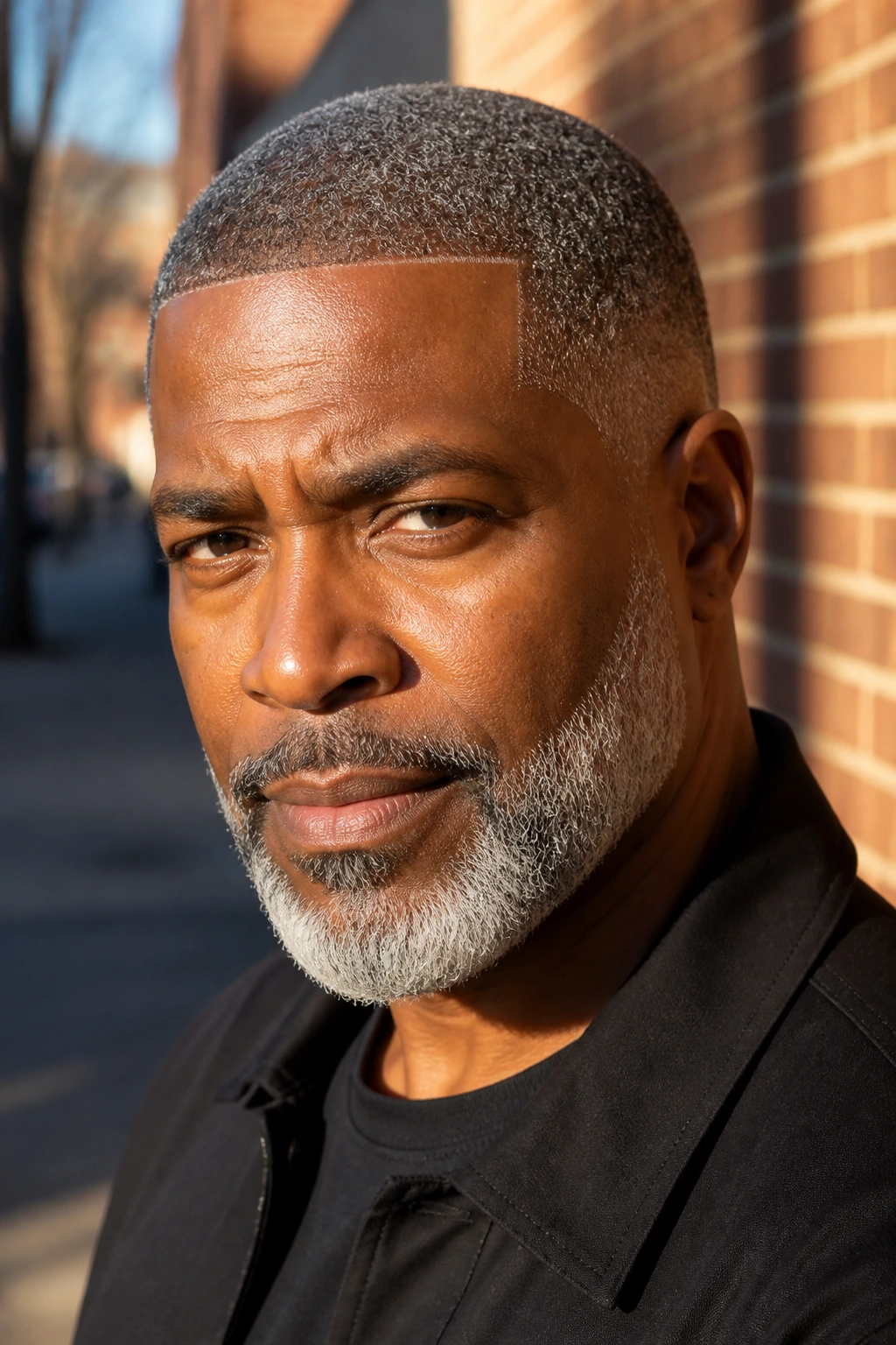 Close-up portrait of a real older Black man with a salt-and-pepper buzz cut and sharp lineup.
