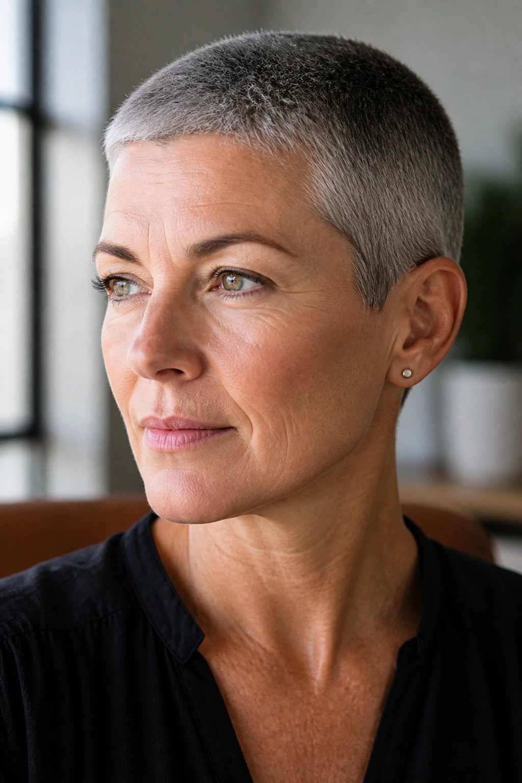 Close-up portrait of a real person with salt-and-pepper buzz