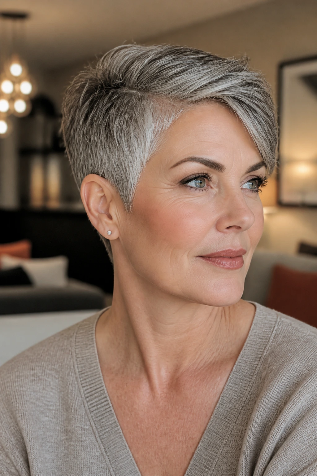 Medium close-up of a real woman with a tapered salt-and-pepper crop featuring a side-swept fringe