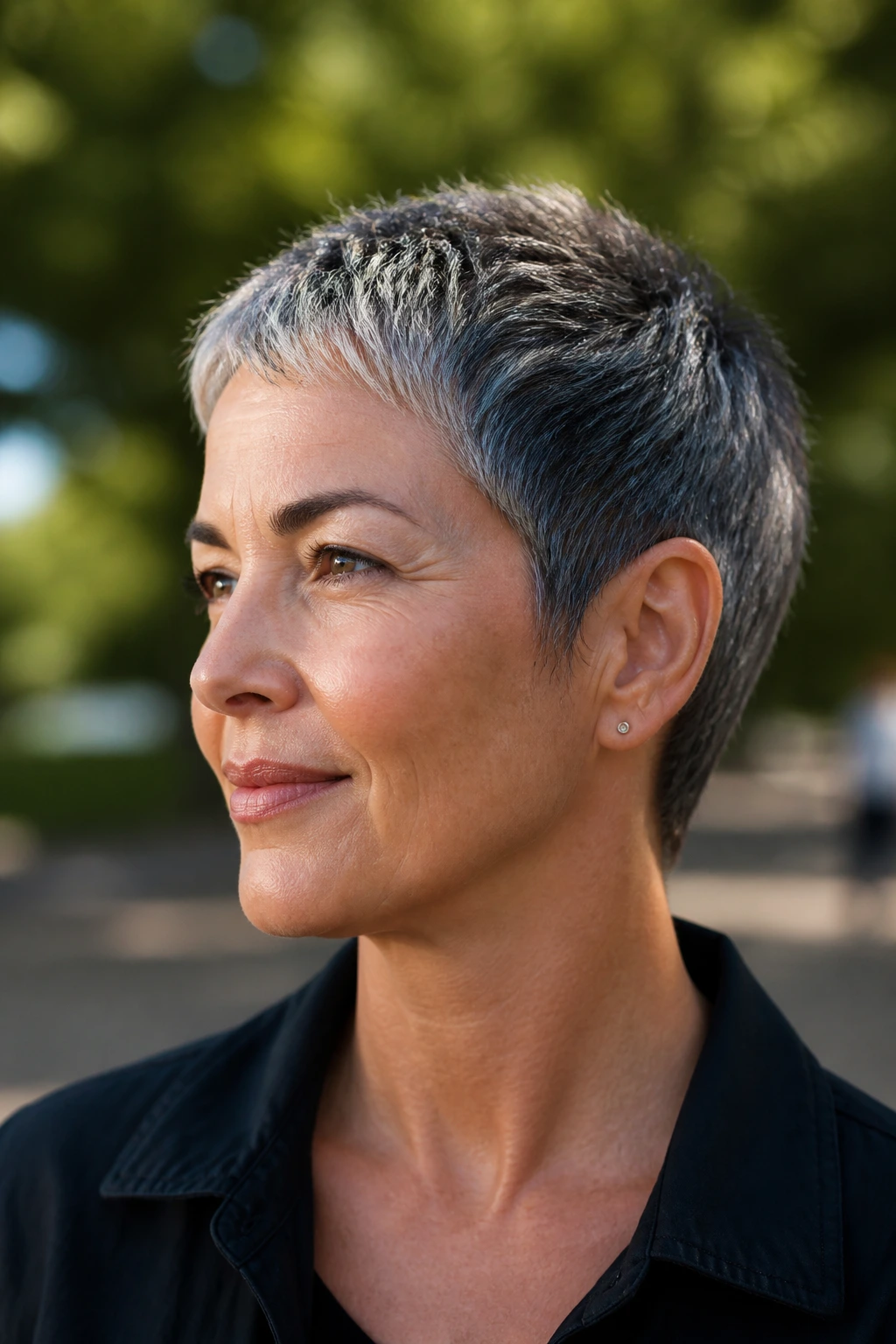 Close-up portrait of a person with a salt-and-pepper crop in a park setting.