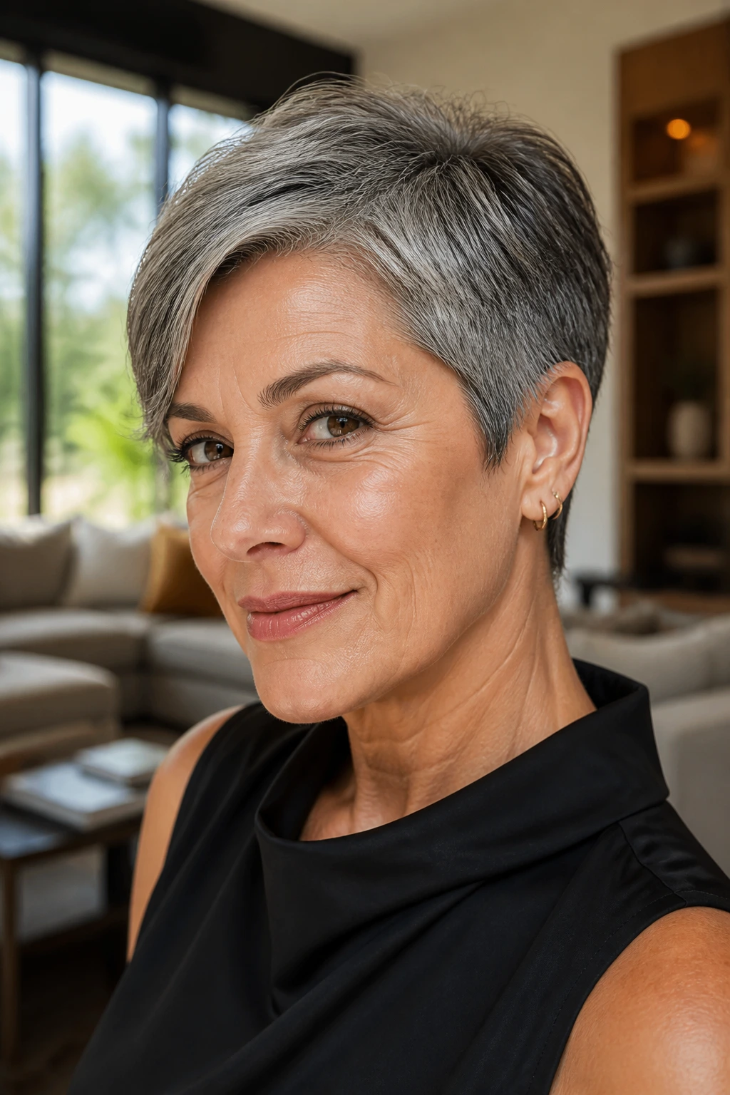 Portrait of a woman with salt-and-pepper cropped hairstyle and glossy shine