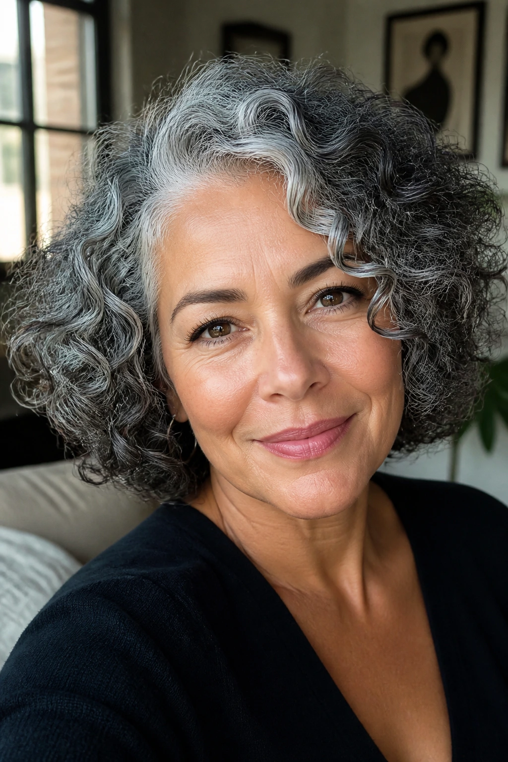 Close-up of a real person with salt-and-pepper curly hair highlighting polished silver strands.