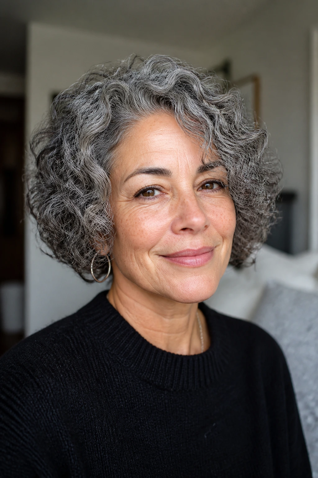 Close-up portrait of a real woman with salt-and-pepper curly bob and tapered ends