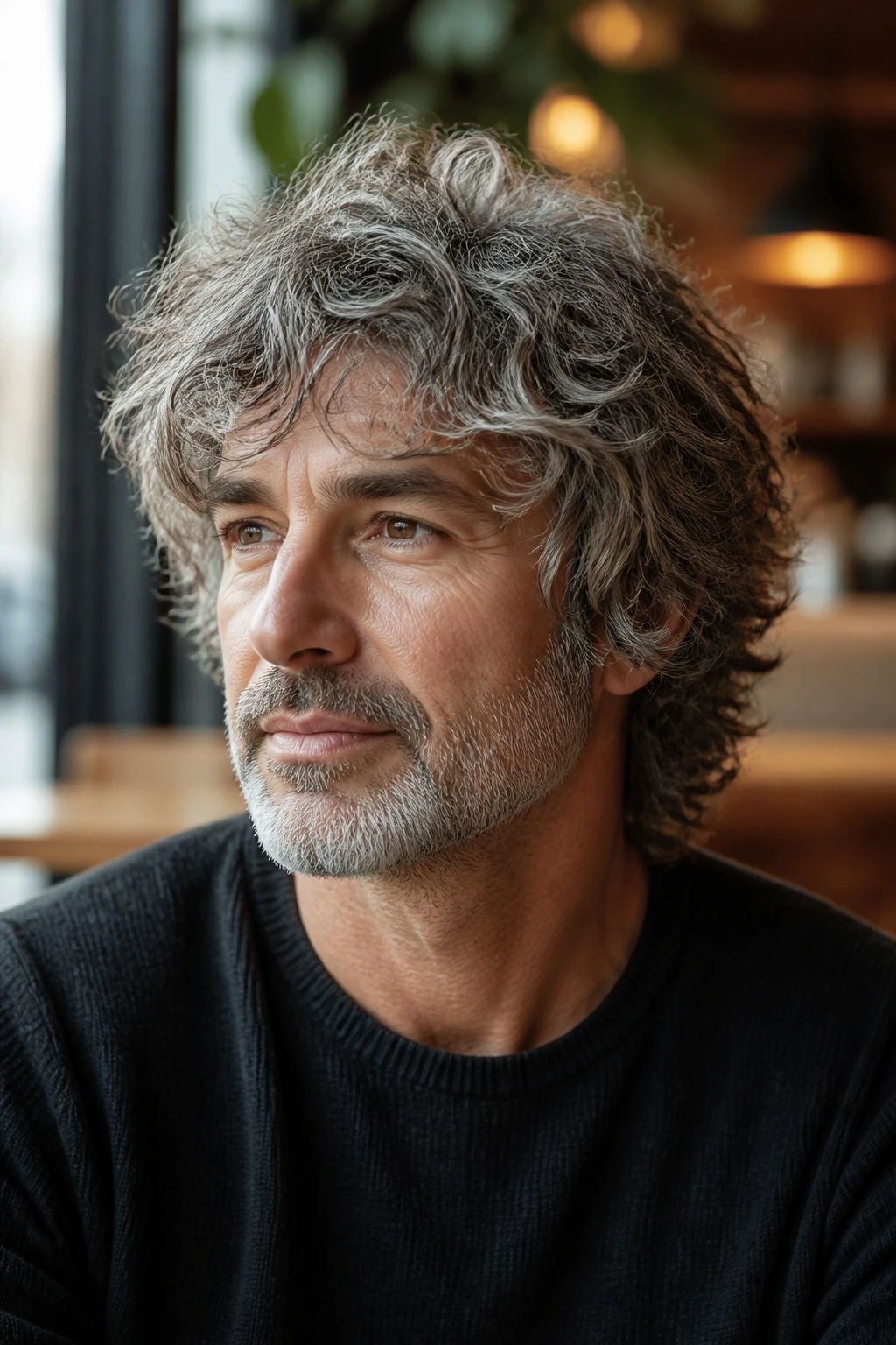 Close-up portrait of a man with salt-and-pepper curly shag hair in a cafe.