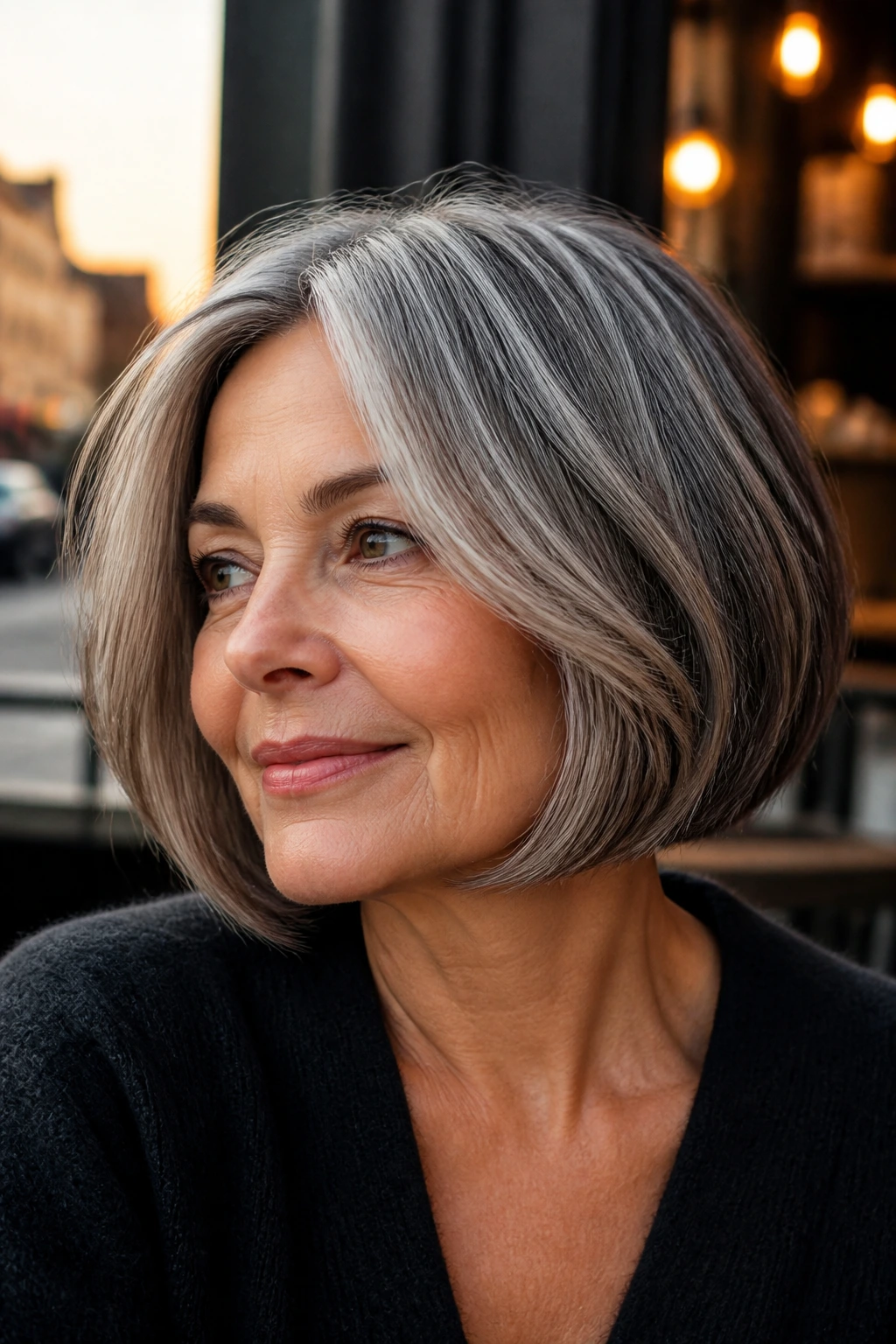 Close-up portrait of a real woman with salt-and-pepper dimension bob