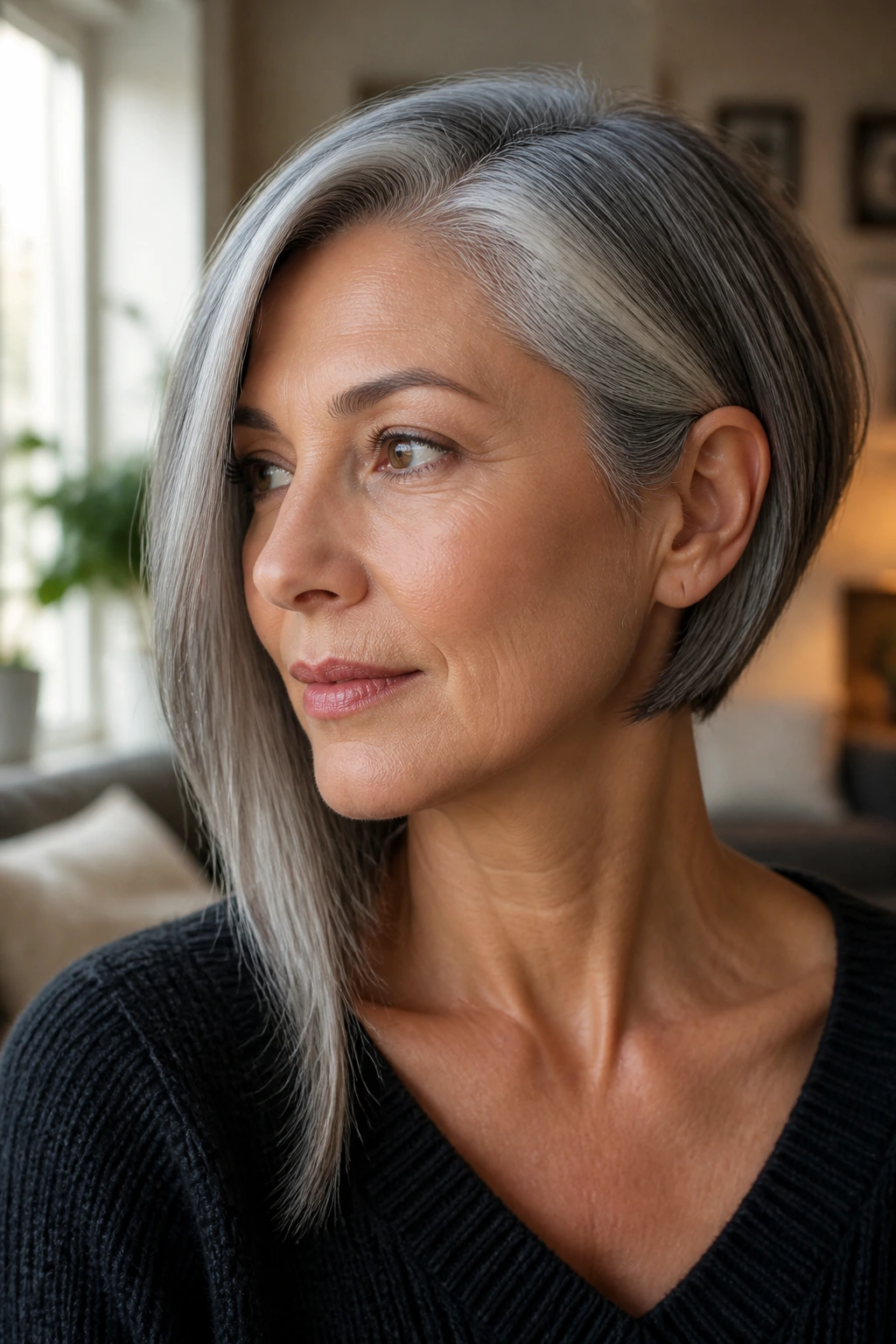 Close-up portrait of a real person with a salt-and-pepper asymmetrical lob by a sunlit window