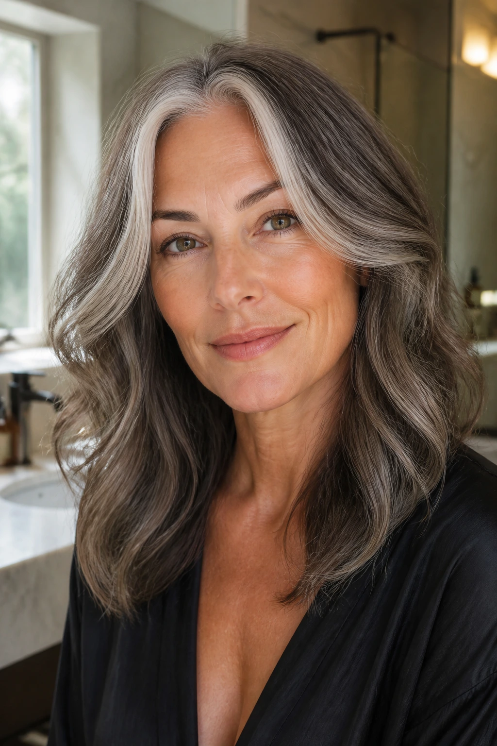 Close-up portrait of a silver-gray salt-and-pepper hairstyle with glossy glow