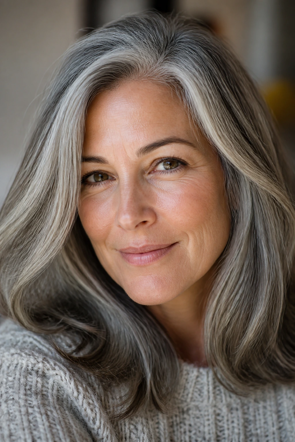 Salt-and-pepper hair with gray-blend highlights and lowlights
