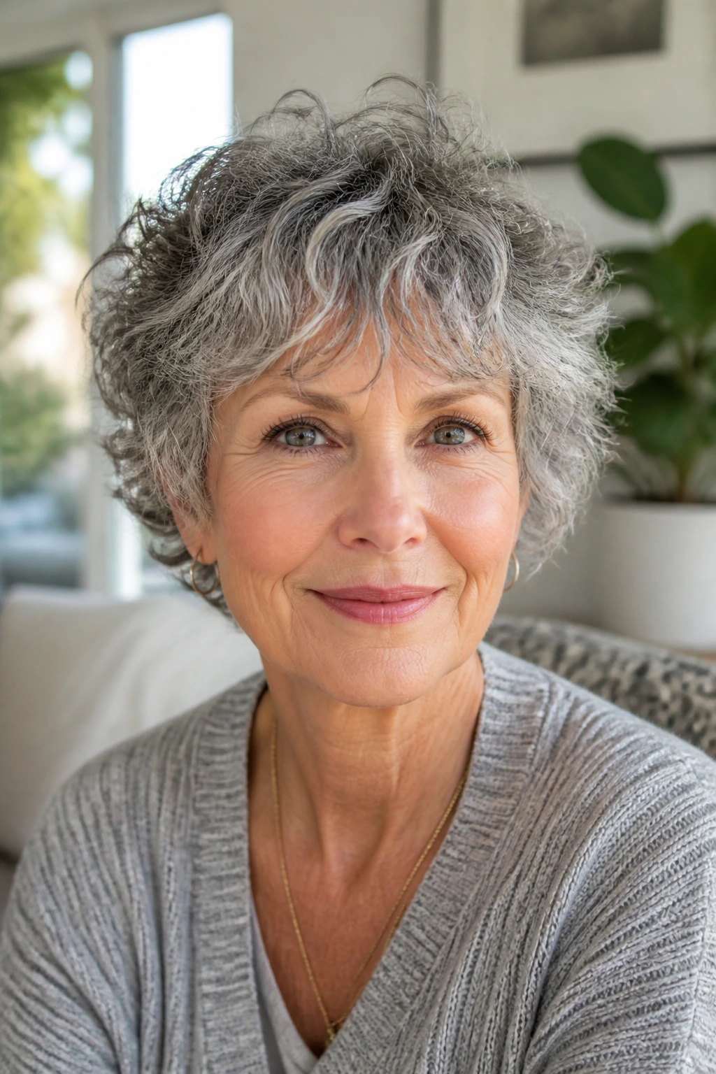 Close-up portrait of a woman with salt-and-pepper rounded crop and wispy bangs in a sunlit living room.