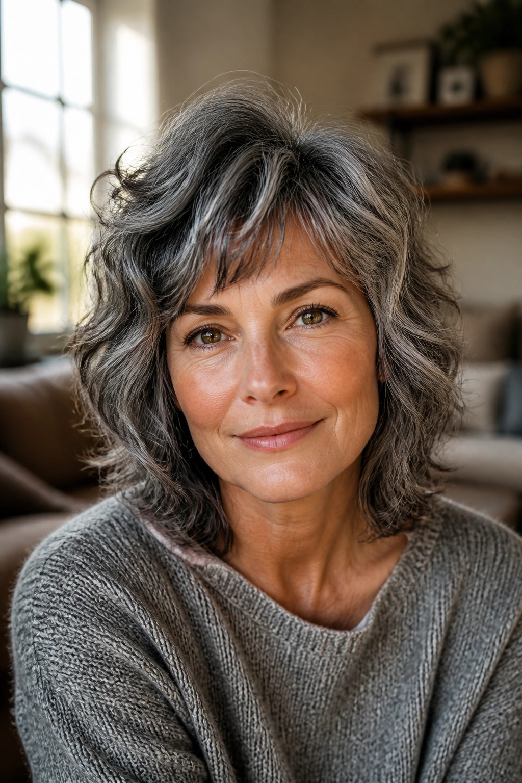 Close-up portrait of a real person with salt-and-pepper tousled shag hairstyle