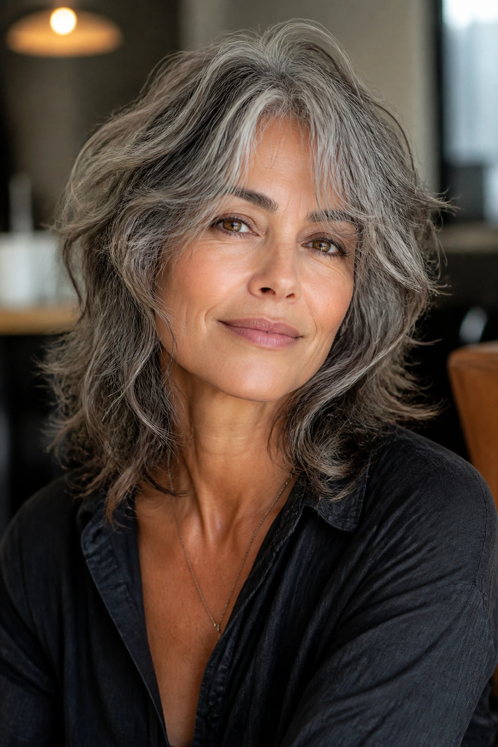 Close-up portrait of a real woman with salt-and-pepper Italian shag and face-framing layers.