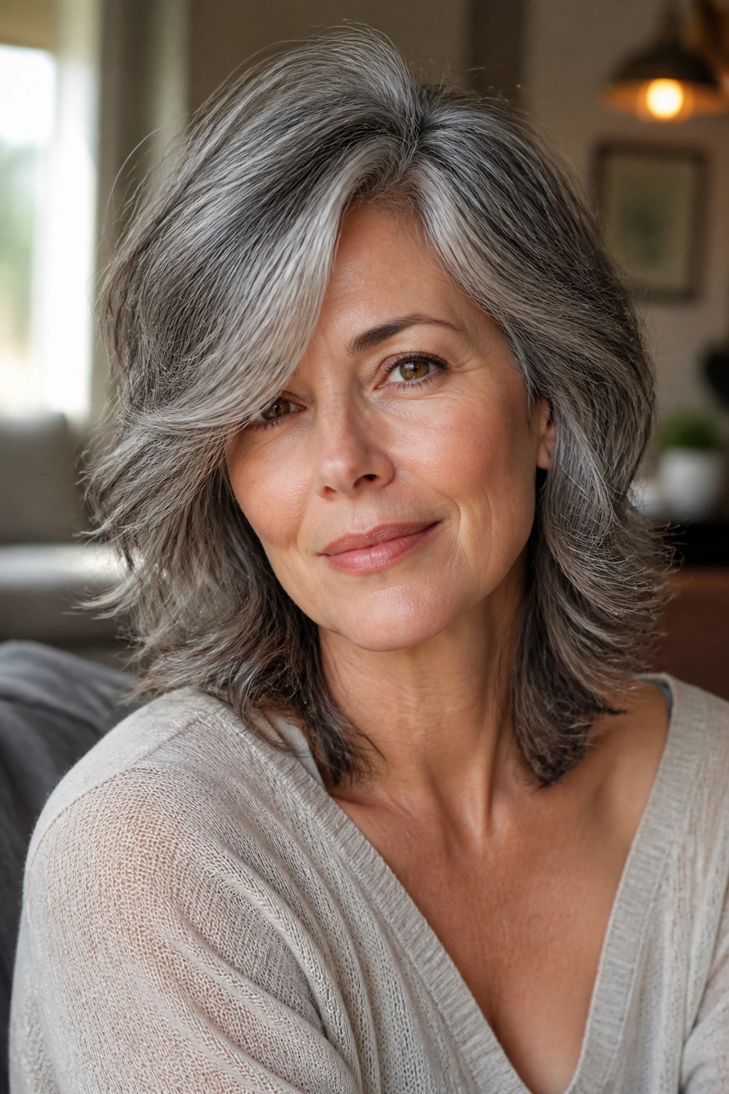 Close-up portrait of a real woman with salt-and-pepper shag and a deep side part