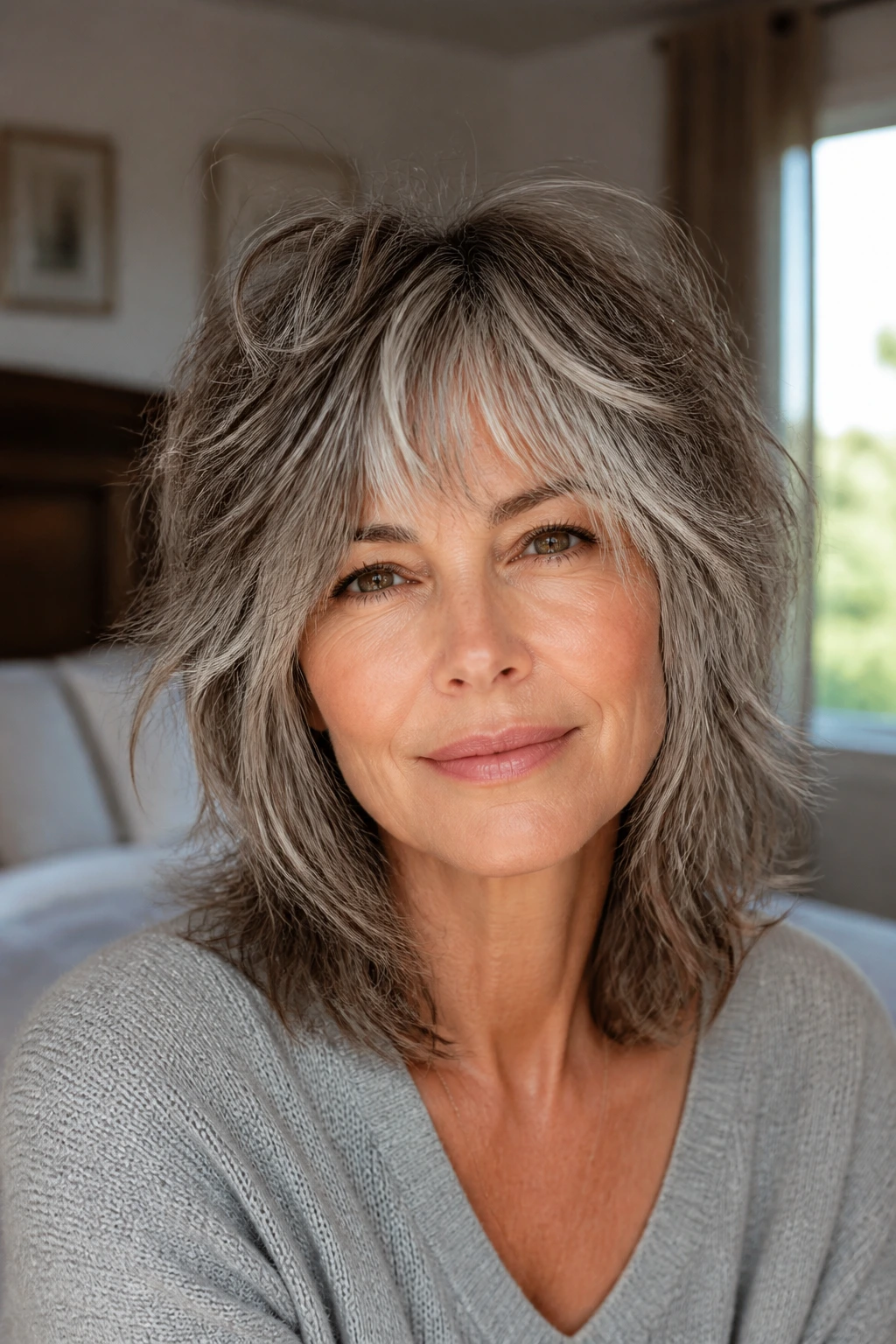 Close-up portrait of a real woman with salt-and-pepper tousled shag showing dimensional color under natural window light.