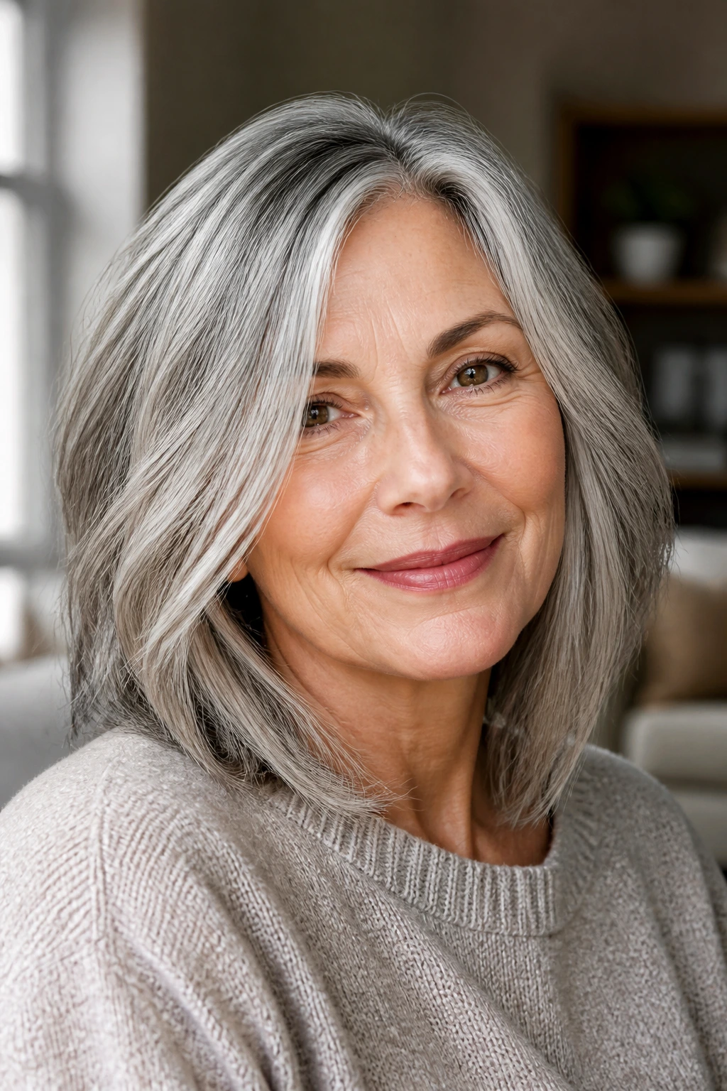 Close-up portrait of an older woman with salt-and-pepper hair and a subtle silver gloss