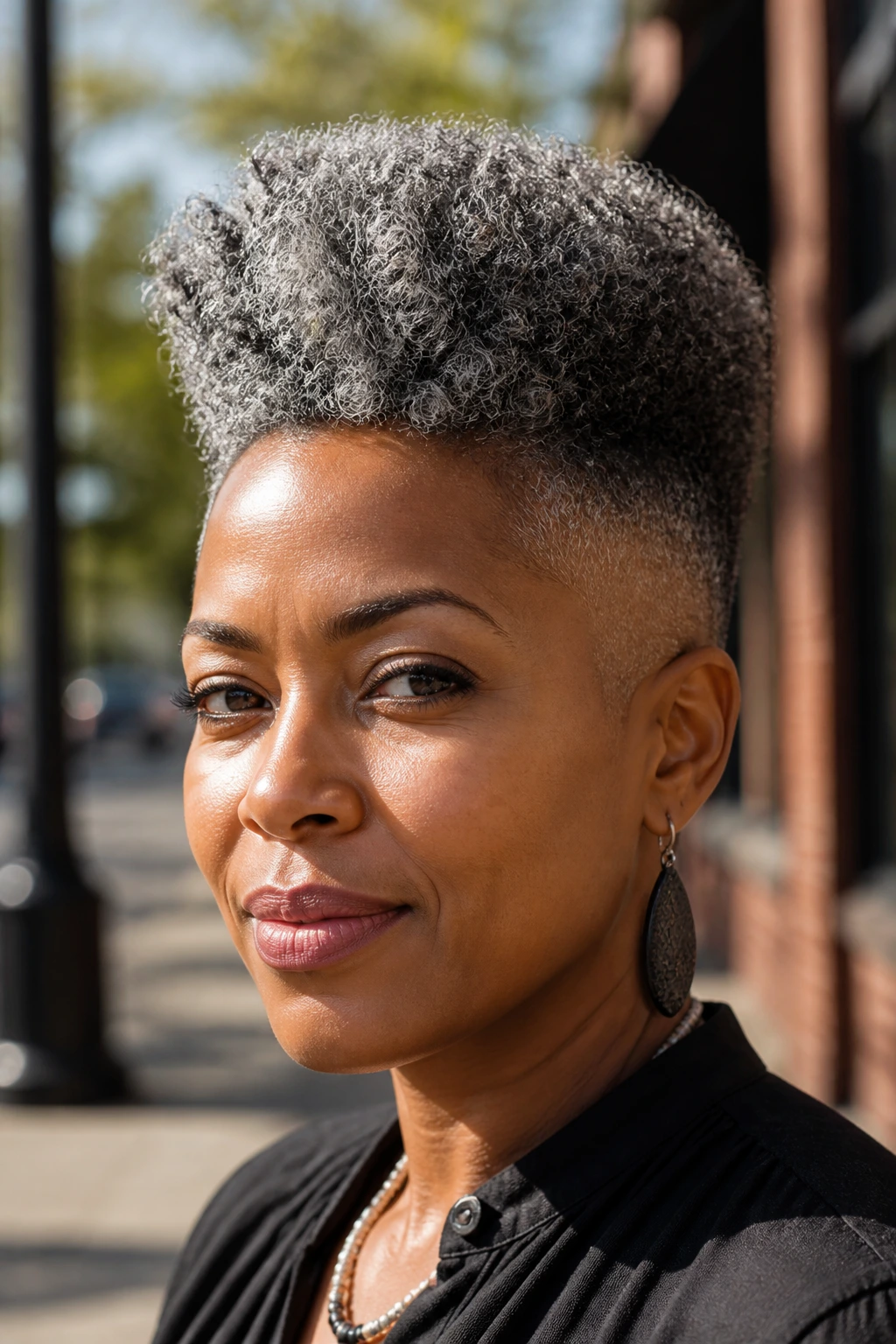 Close-up of a real Black woman with salt-and-pepper high top fade in daylight