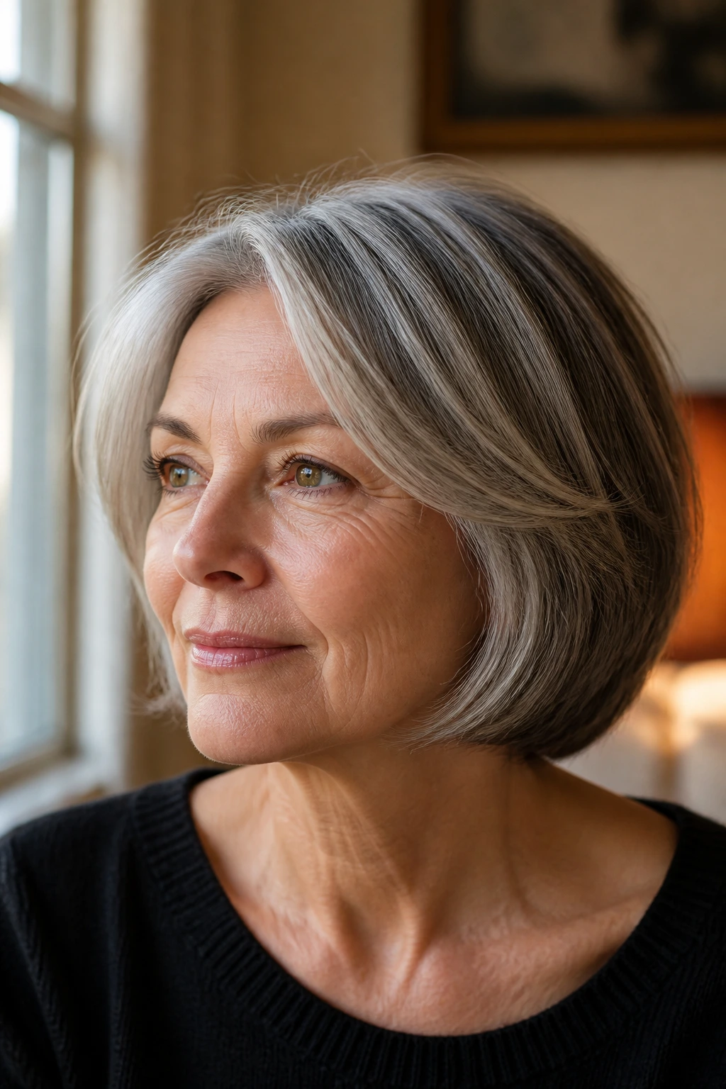Close-up of a real woman with a salt-and-pepper layered bob, side-lit to show texture