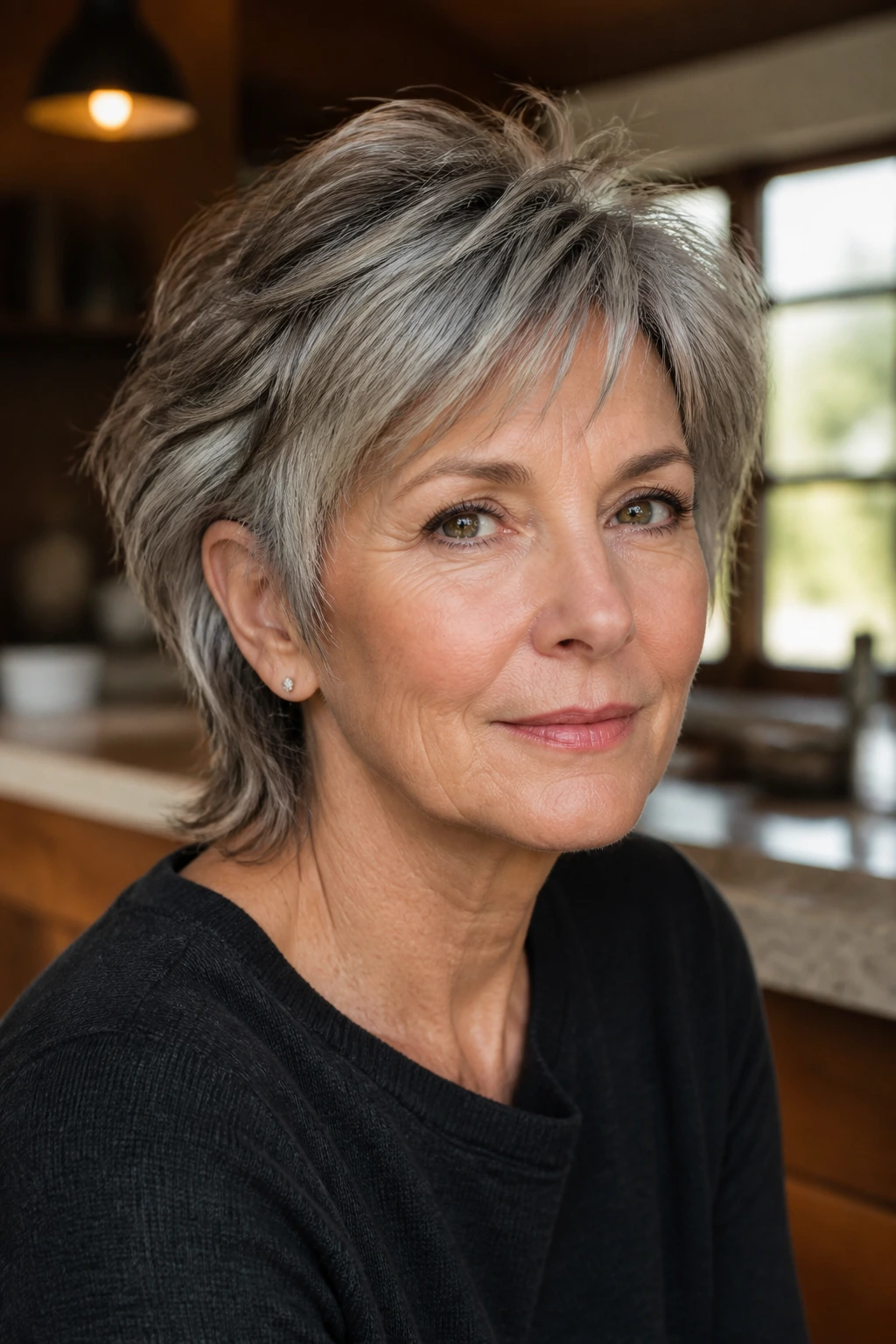 Salt-and-pepper soft mullet portrait in a warm kitchen