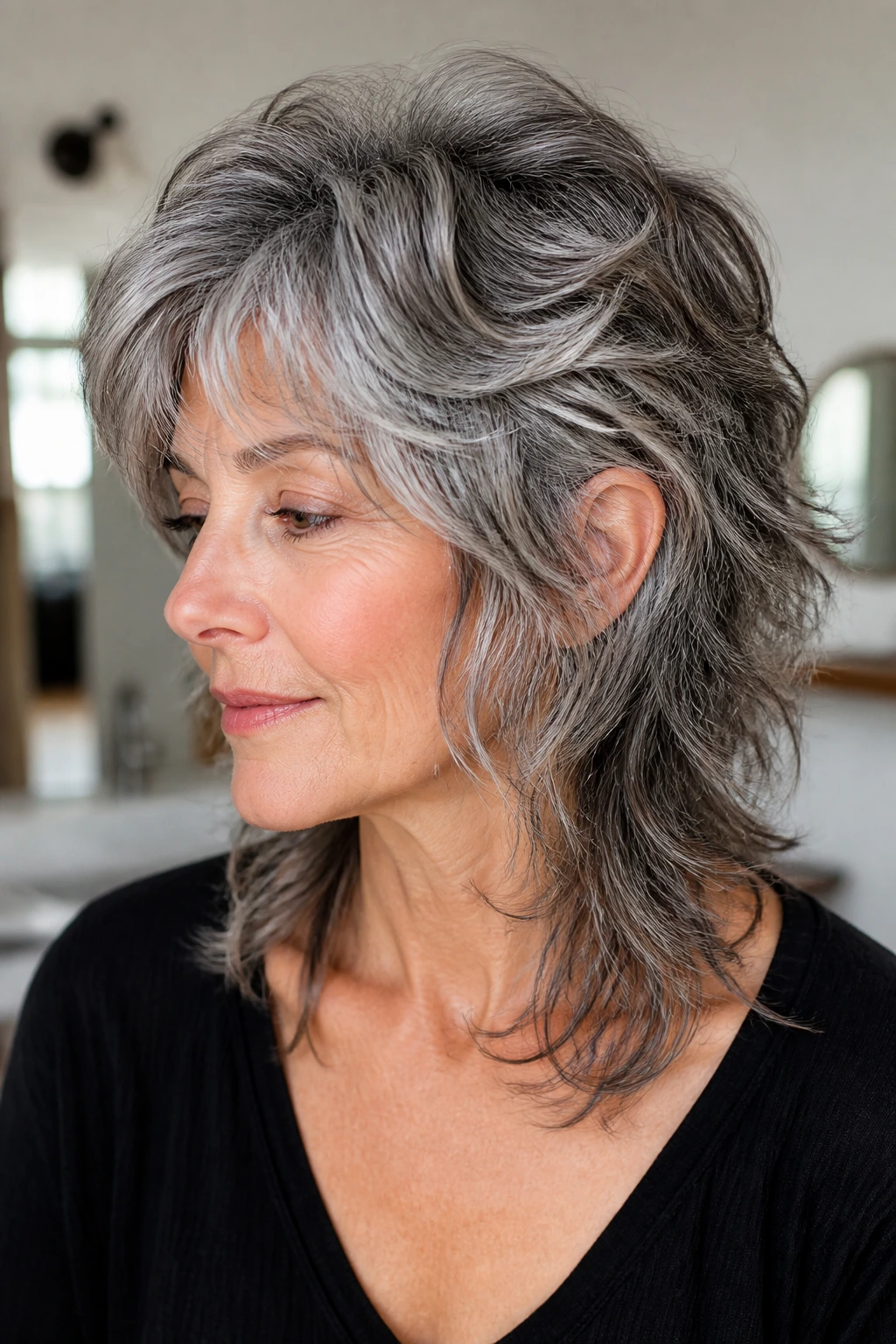 Real woman with salt-and-pepper wavy mullet and airy ends