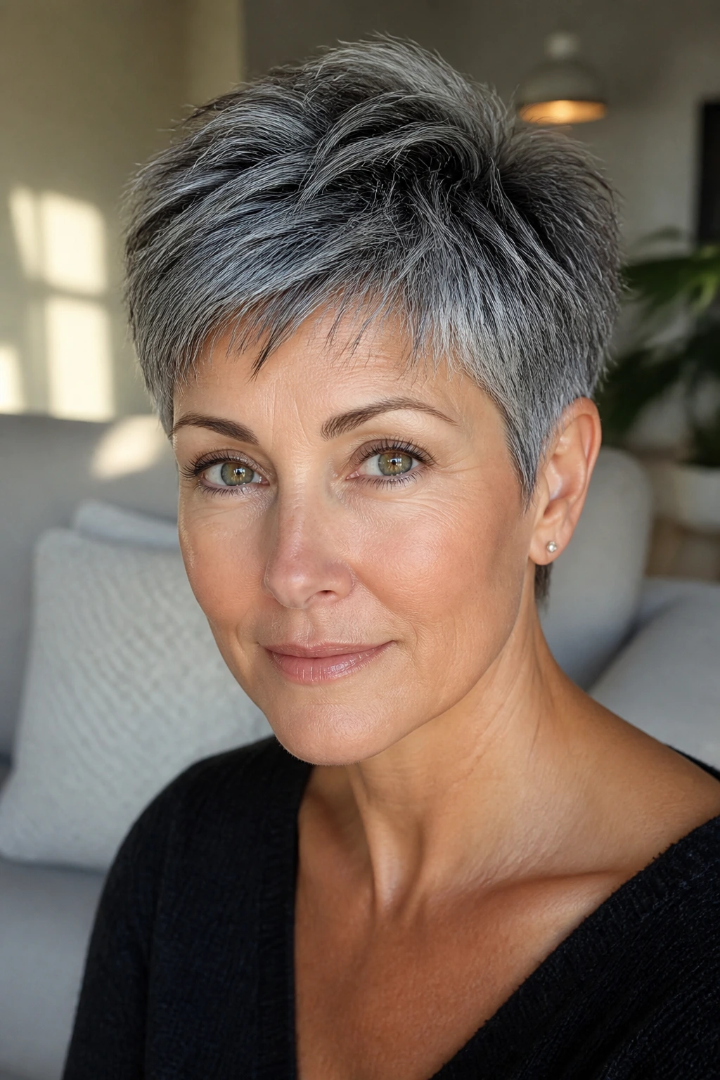 Close-up portrait of a woman with salt-and-pepper pixie hairstyle and gray-silver highlights.