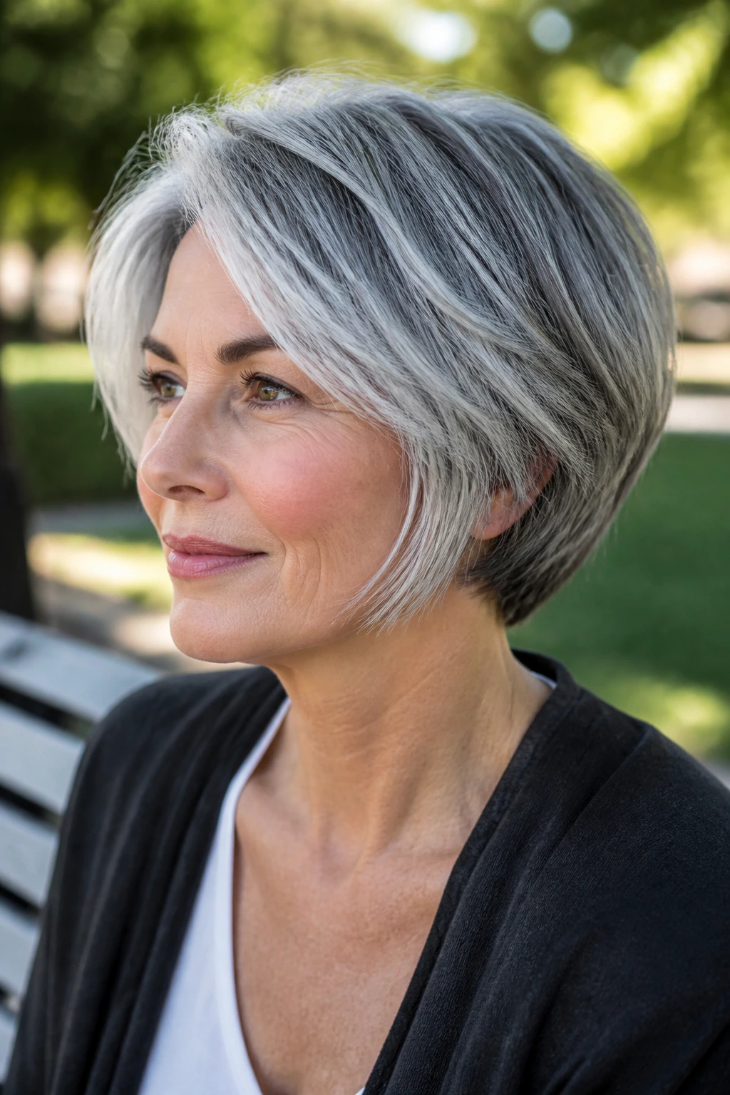 Portrait of a woman with a salt-and-pepper pixie bob outdoors.