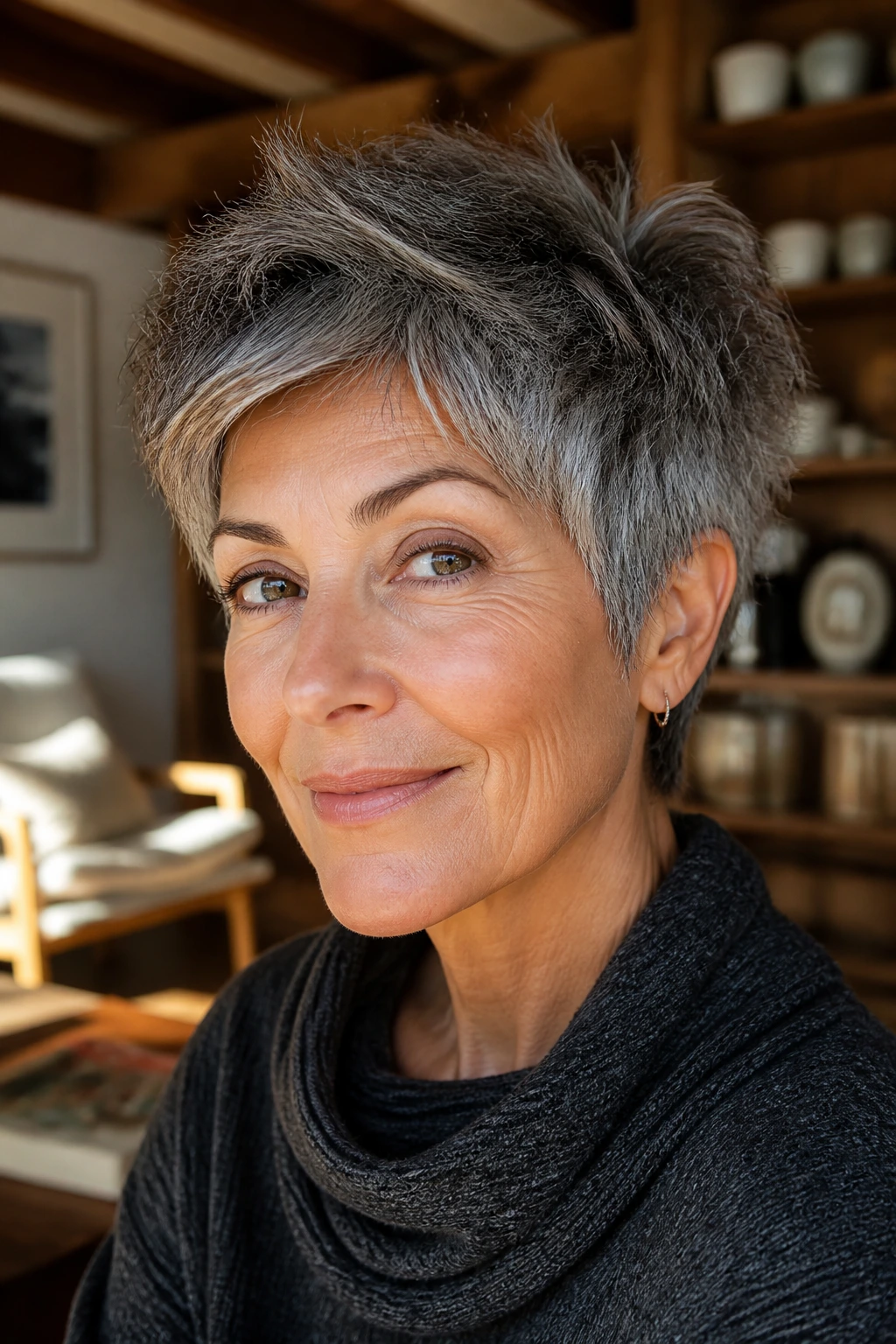 Close-up portrait of a real woman with a salt-and-pepper tousled pixie haircut.