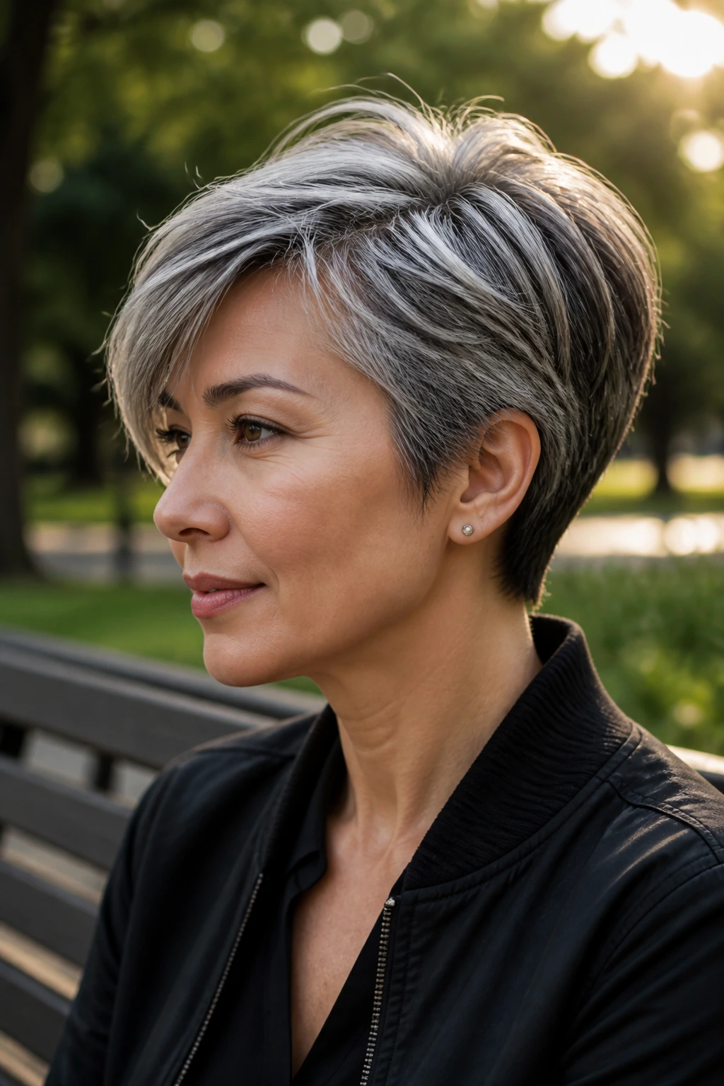 Salt-and-pepper pixie bob portrait with natural contrast