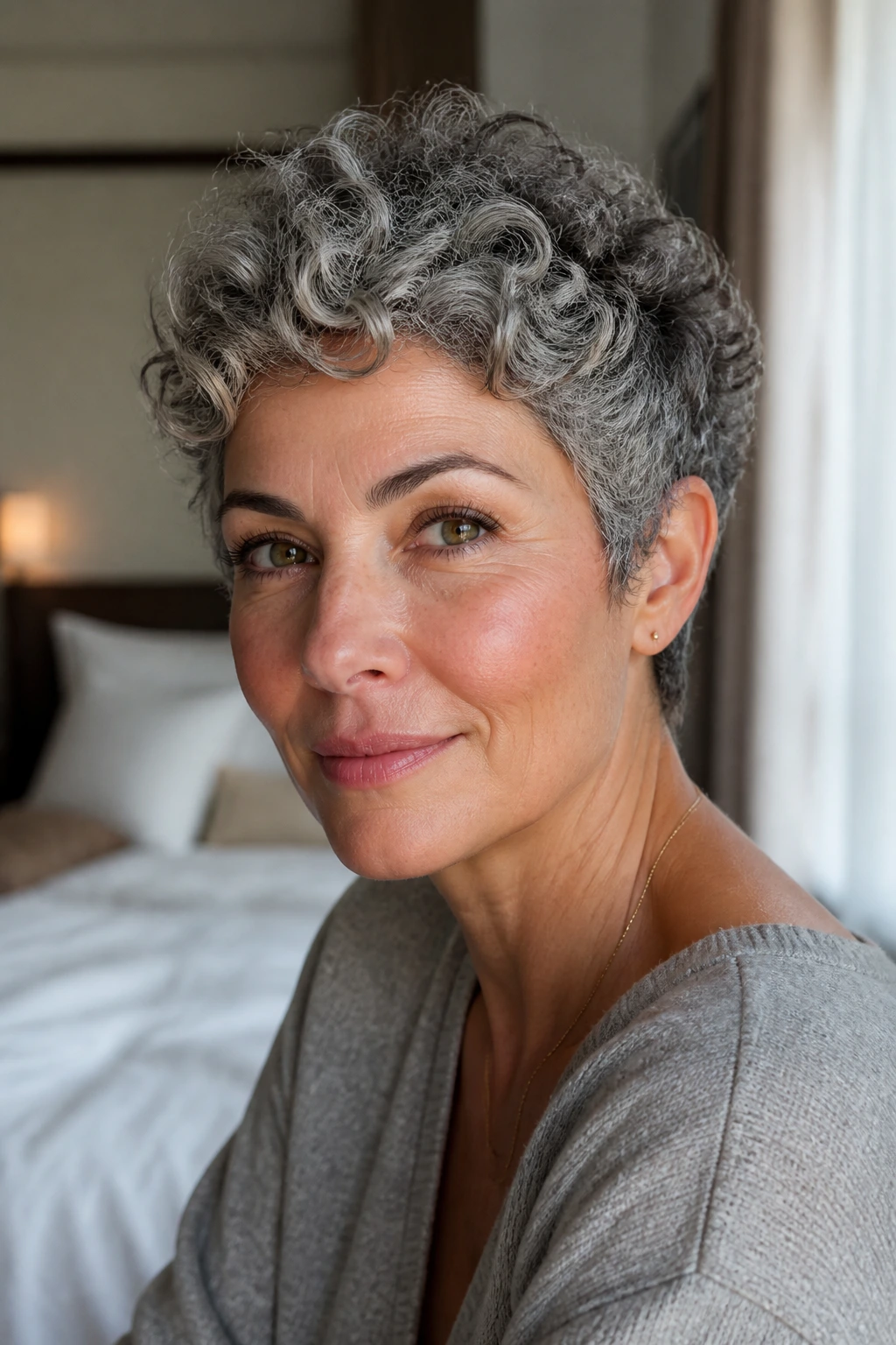 Close-up portrait of a real woman with a short salt-and-pepper curly pixie.