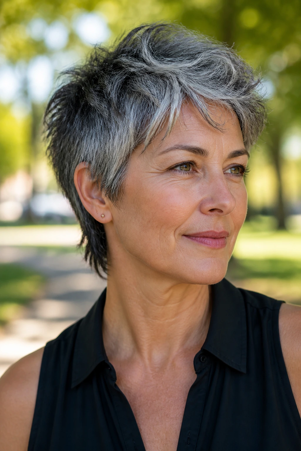 Close-up of an older woman with salt-and-pepper tousled pixie mullet outdoors